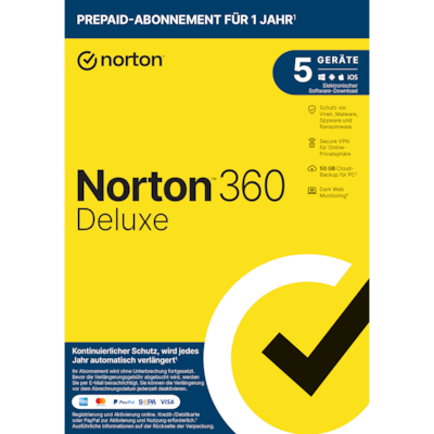 Norton 360 Deluxe + VPN [Virenschutz-Abo, 1. Jahr kostenlos] für 5 Geräte