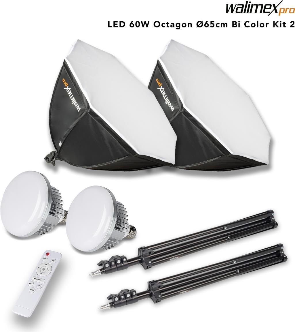 Walimex pro 2X Softbox Octagon Ø65cm 60W Bi Color LED I inkl. 2X Stativ