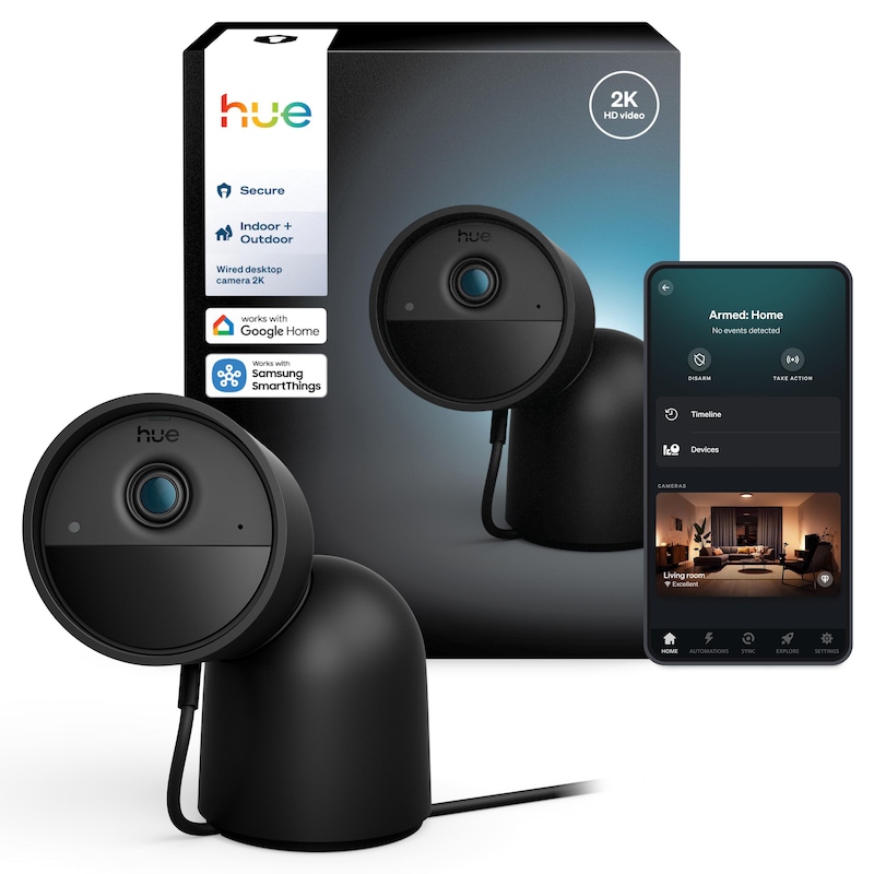 Philips Hue Secure kabelgebundene Kamera mit Standfuß 2K-Videoauflösung schwarz
